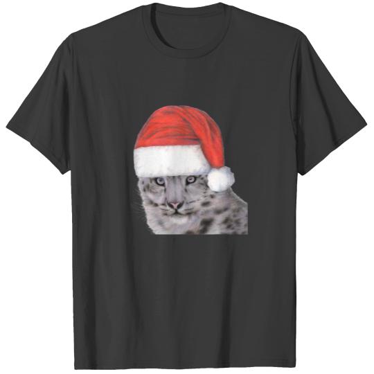 Snow Leopard Wearing A Christmas Santa Hat T-shirt
