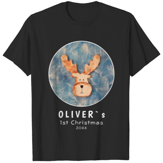 Discover Cute Deer Reindeer Baby`s First Christmas Black T-shirt