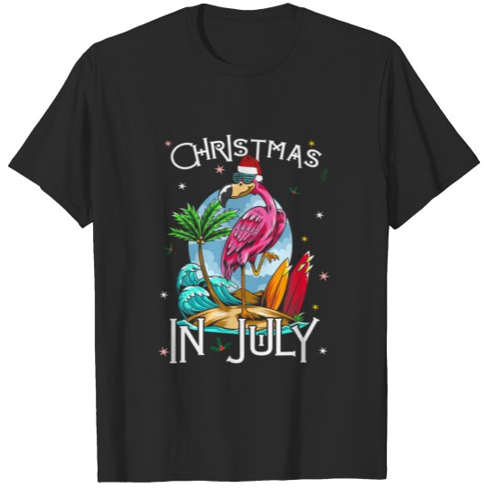 Discover Christmas In July Funny Pink Flamingo Santa Hat T-shirt