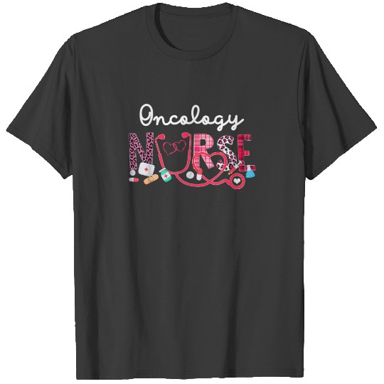 Oncology Nurse Leopard Plaid Love Heart Stethoscop T-shirt