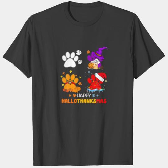 Dog Paw Funny Hallothanksmas Witch Turkey Santa T-shirt