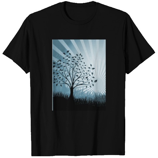 Tree Leaves Grass Silhouette & Sunburst - Blue T-shirt