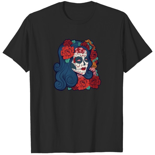 Discover Sugar Skull Woman Red Roses In Hair T-shirt