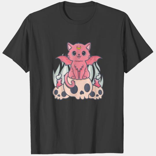 Kawaii Pastel Goth Cute Creepy Demon Cat And Skull T-shirt