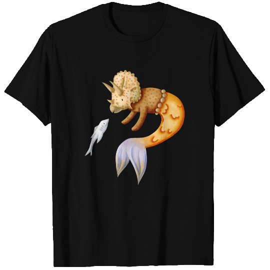 Whimsical triceratops mermaid talking to fish T-shirt