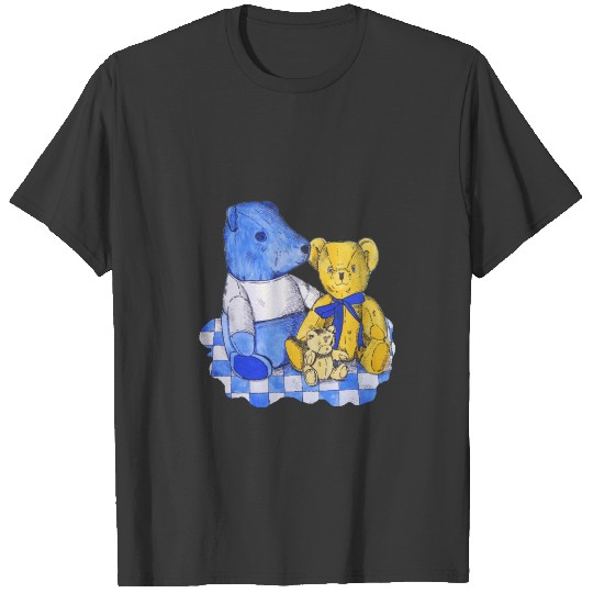blue check picnic cloth and teddies T-shirt