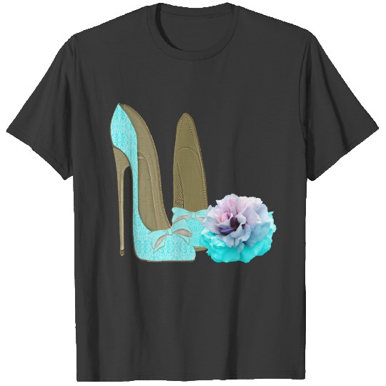Turquoise Lace Effect Stiletto Shoes and Rose T-shirt