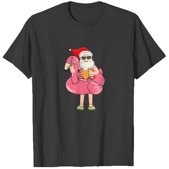 Christmas In July Santa Flamingo Summer Beach And T-shirt