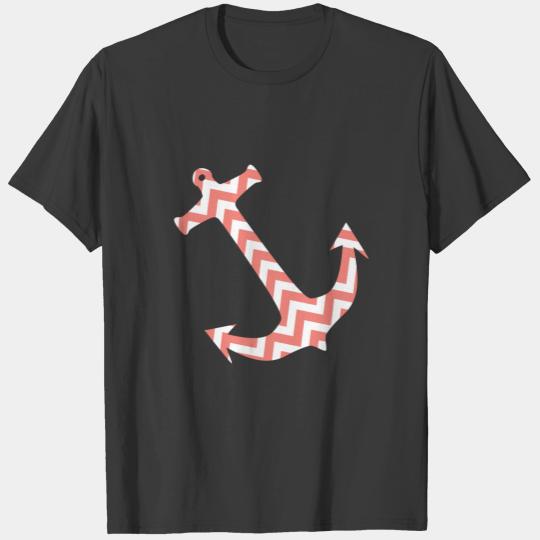 Coral Pink And White Chevron Anchor Nautical T-shirt