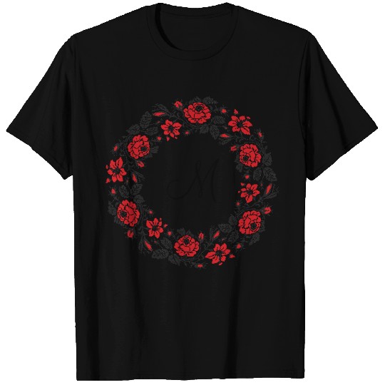 Cross-stitch Red Roses Circle Monogram Initial T-shirt