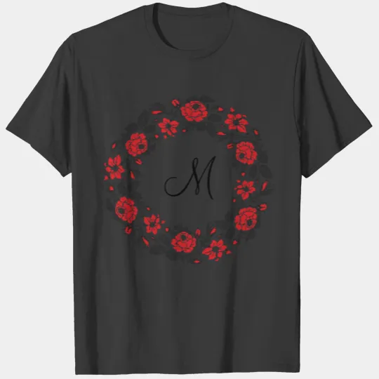 Cross-stitch Red Roses Circle Monogram Initial T-shirt
