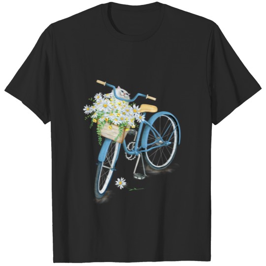 Discover cat in daisy bouquet on bike T-shirt