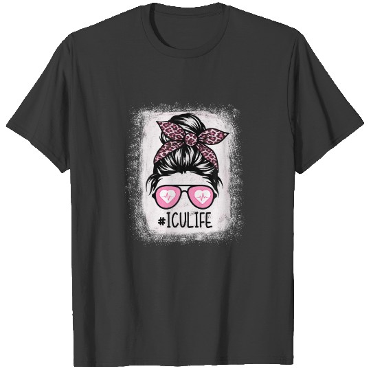 ICU Nurse Life Bleached S Pink Leopard Messy Bun W T-shirt