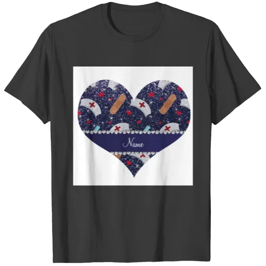 Custom name navy blue glitter nurse hats heart T-shirt