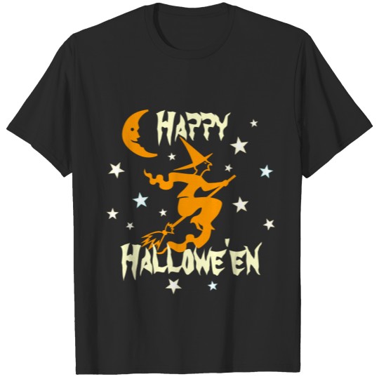 Witch Flying on Broom Moon Stars Happy Halloween T-shirt