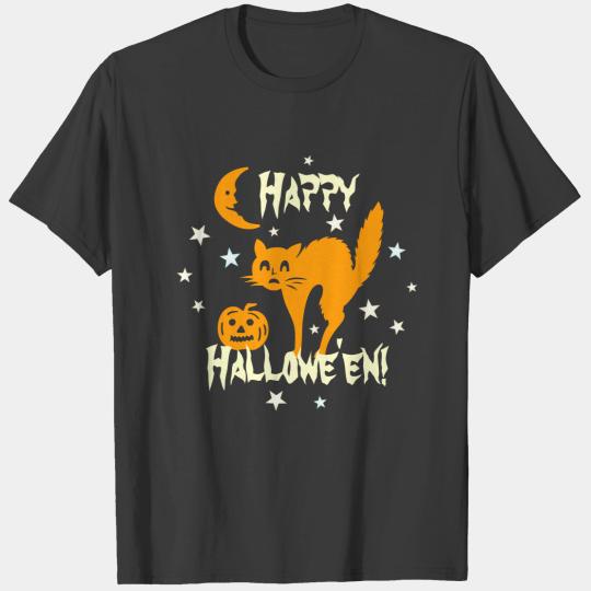 Happy Halloween Orange Cat Pumpkin Crescent Moon T-shirt