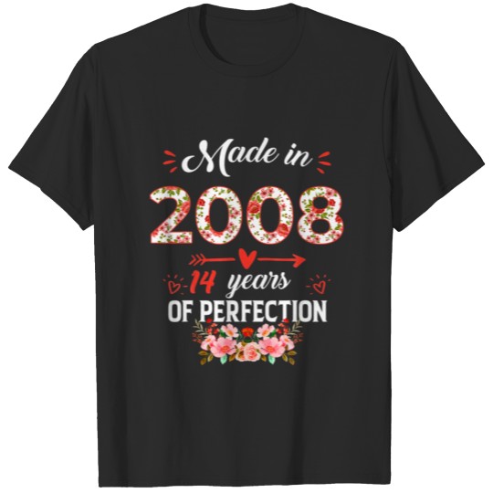 Discover Made In 2008 Floral 14 Years Old 14Th Birthday Gif T-shirt