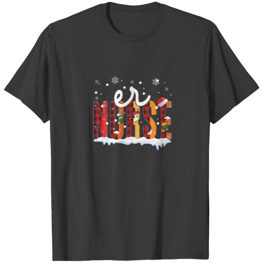 ER Nurse Christmas Red Plaid Print Emergency Nurse T-shirt