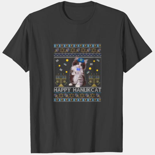 Funny Happy Hanukcat Ugly Hanukkah Maine Coon Cat T-shirt