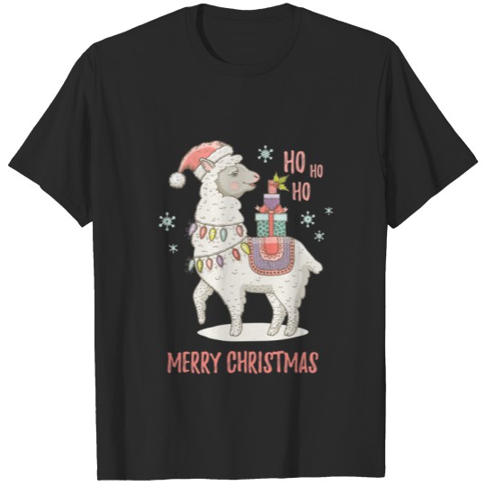 Cute Happy Christmas Alpaca Llama in Santa Hat T-shirt