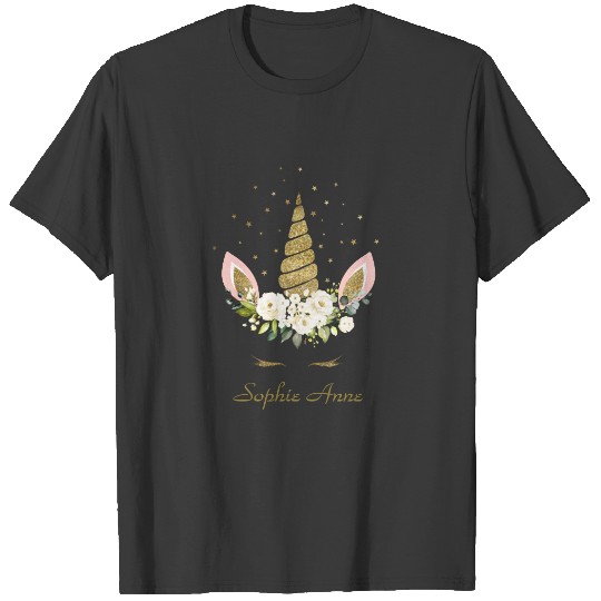 Delicate White Floral Wreath Gold Unicorn Birthday T-shirt
