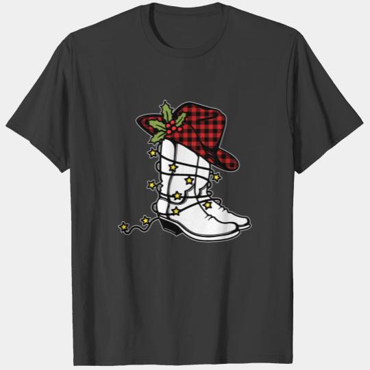 Western Merry Christmas Cowboy Boots Buffalo Plaid Polo T-shirt