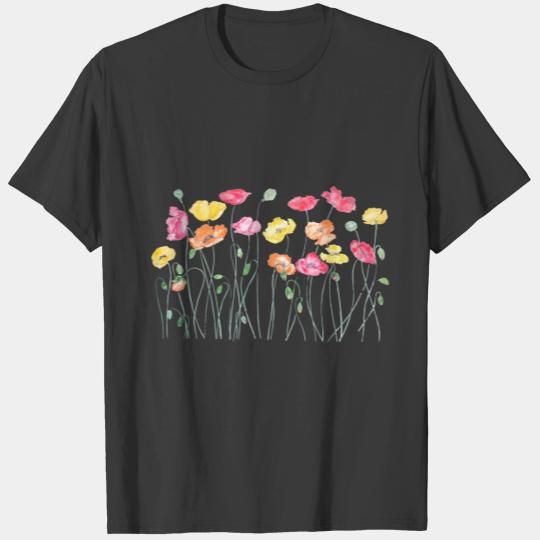 colorful poppies watercolor horizontal T-shirt