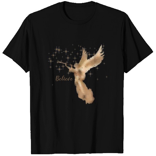 Gold Christmas Angel Star Night Sky Believe Quote T-shirt