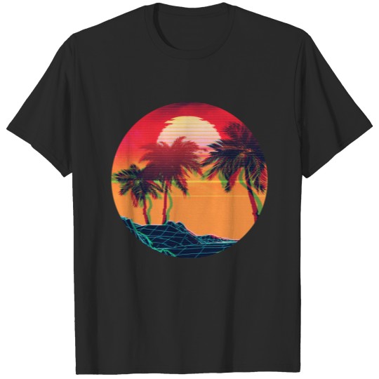 Discover Vaporwave landscape with rocks and palms T-shirt