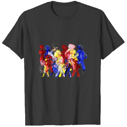 Group of standing stick figures finger painting re T-shirt