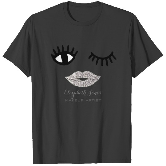 big FAUX rhinestone lips and lashes makeup artist T-shirt