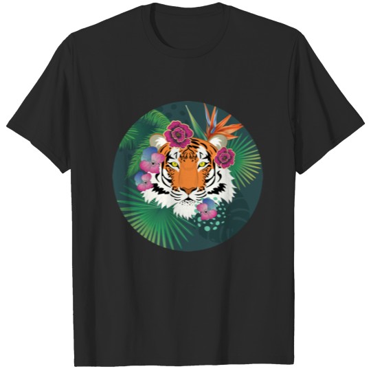 Red tiger head with tropical foliage T-shirt