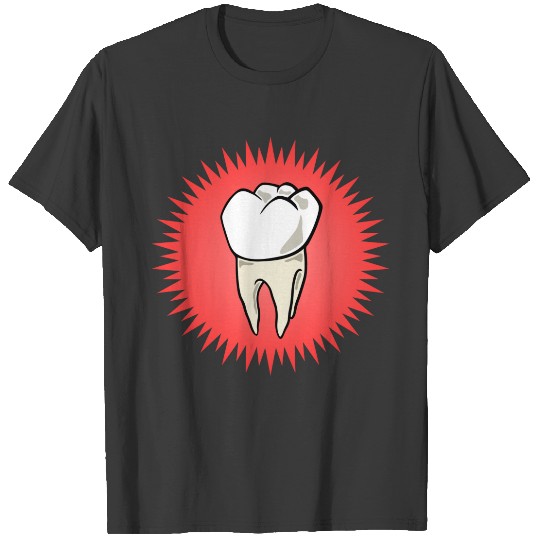 Molar freshly extracted on a red starburst T-shirt