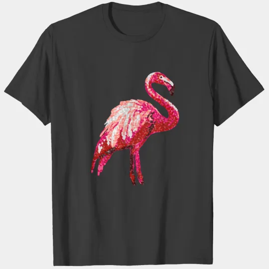 Faux Sequin Printed Tropical Flamingo Bird T-shirt