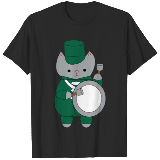 Drummer Cat Marching Band Green White T-shirt