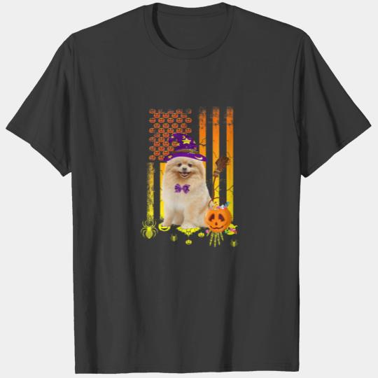 Pomeranian Dog Pumpkin American Flag Halloween Dog T-shirt
