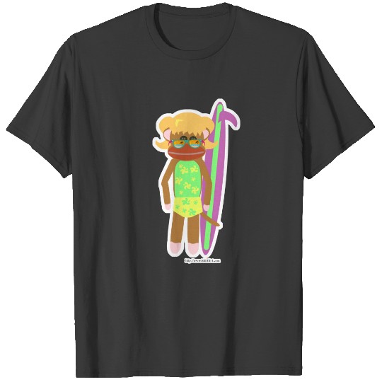 Surfer Sock Monkey Girl Cute Cartoon Illustration T-shirt
