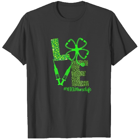 Love NICU Nurse St Patrick's Day Stethoscope Leopa T-shirt