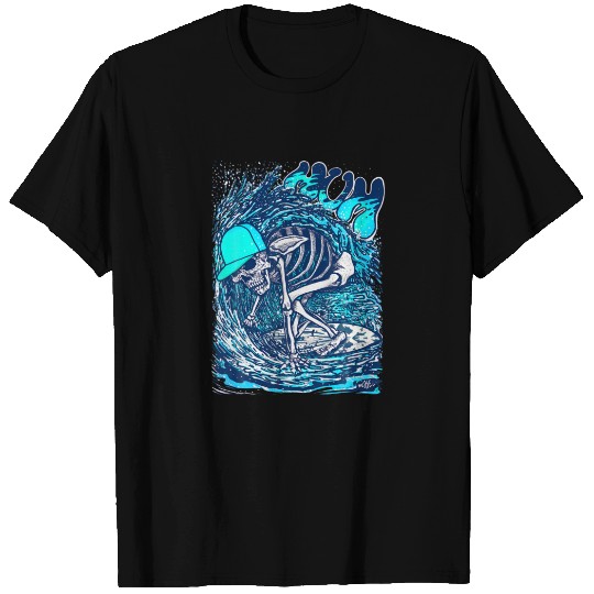 Blue Skeleton Surfing By Miskel Design T-shirt
