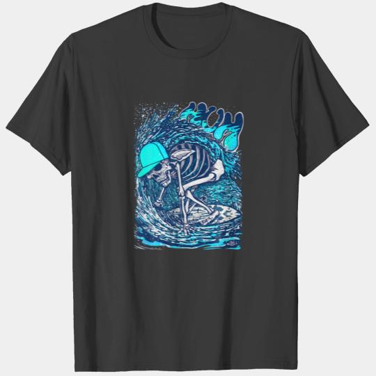 Blue Skeleton Surfing By Miskel Design T-shirt