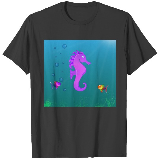 Kawaii Cute Cartoon Seahorse in Purple and Lilac T-shirt