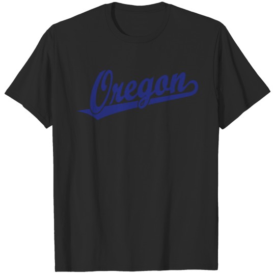 Oregon script logo in blue T-shirt