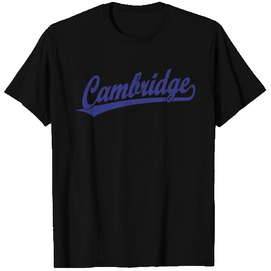 Cambridge script logo in blue T-shirt