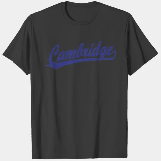 Cambridge script logo in blue T-shirt