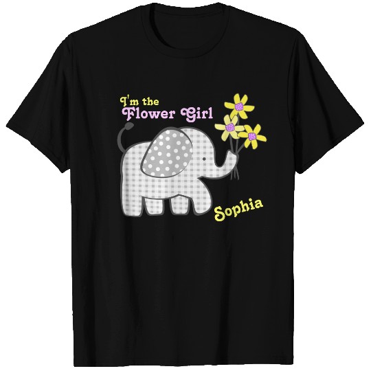 Flower Girl Gingham Elephant with Flowers T-shirt