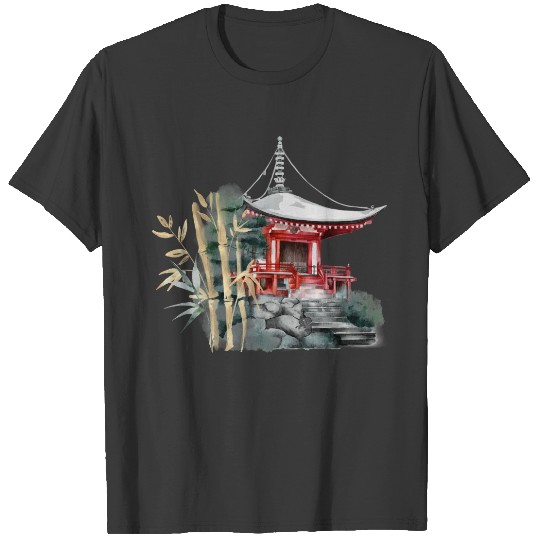 Japanese Temple Gold Bamboo Asian Watercolor Art T-shirt