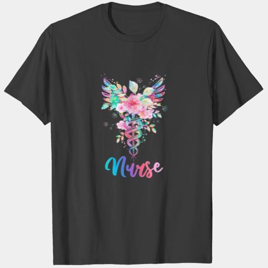 Nurse Watercolor Floral Caduceus T-shirt