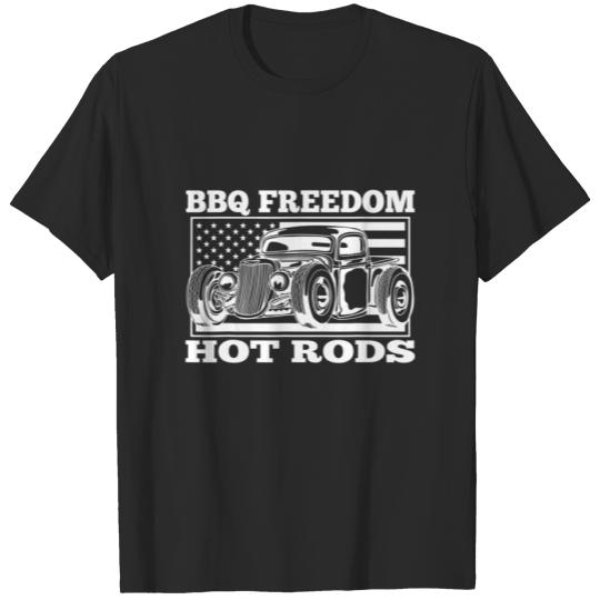 BBQ Freedom Hot Rods 4Th July Patriotic USA Flag T-shirt