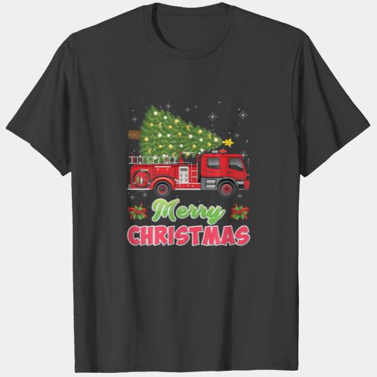 Christmas Firefighter Fire Truck Christmas Tree In T-shirt