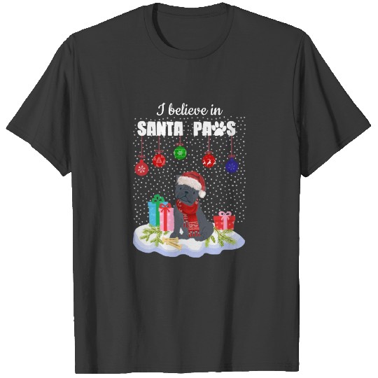 Cute Black Pug I Believe in Santa Paws Holiday T-shirt